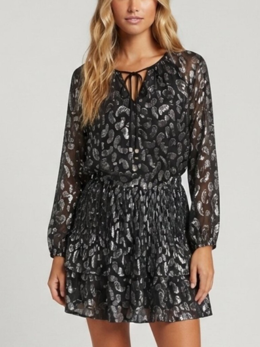 Michael Kors Black Metallic Paisley Long-Sleeve Mini Dress Small 39928